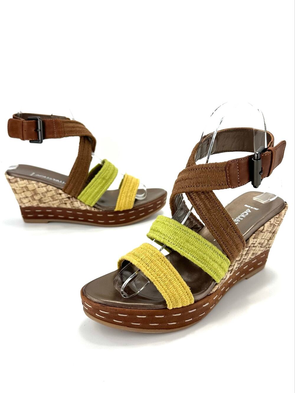 Aquatalia Nolita Wedge Sandal Sz 7 Brown/Yellow/Green Leather/Rope Platform New